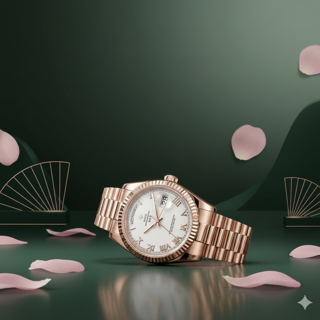 Luxury Rose Gold Watch with Green Background